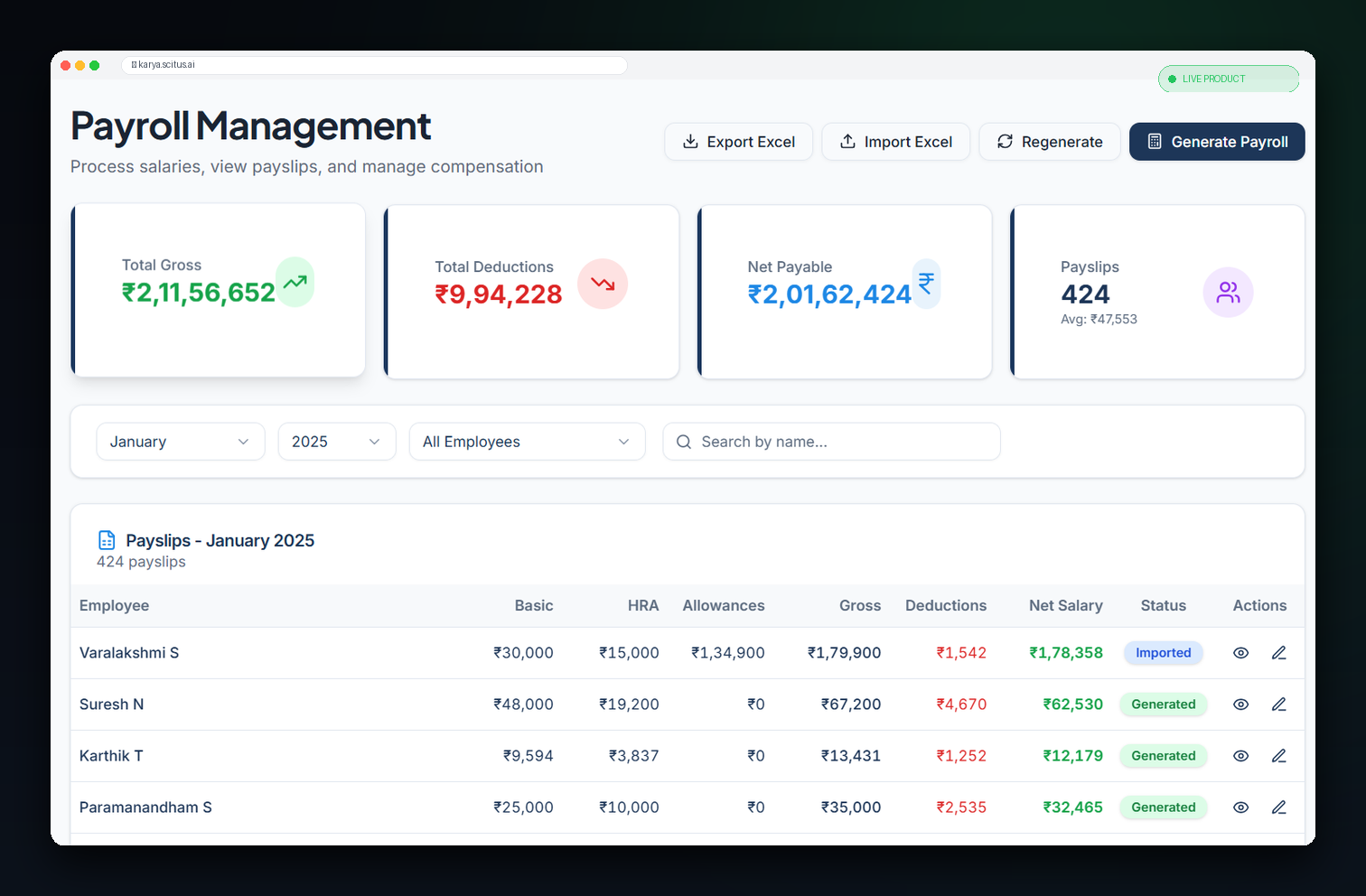 Karya — live product screenshot